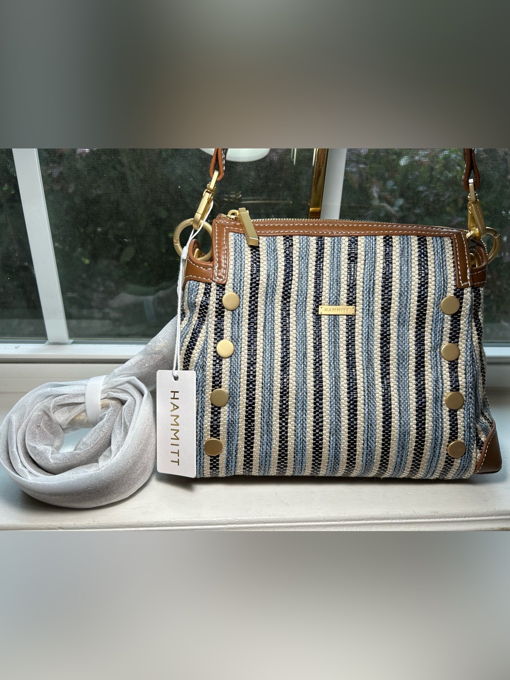 NWT🌷Hammitt Bryant Medium Jute Studded Shoulder Bag in Cabana Blue/Brushed Gold - Picture 5 of 12
